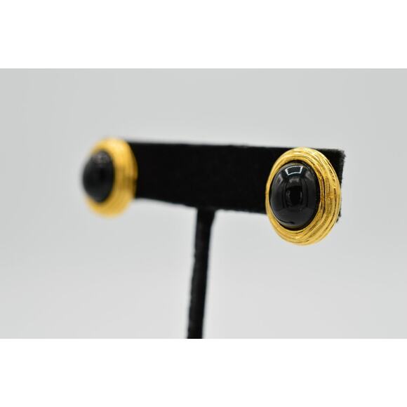 Givenchy Vintage Cabochon Earrings Stud Brushed Gold Black Signed 1980s BinC - Picture 2 of 9